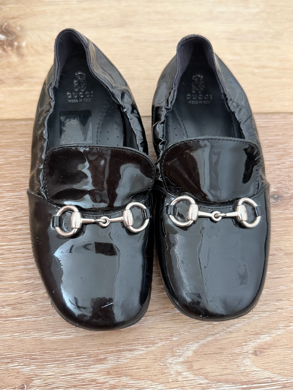 Gucci Kids Black Patent Leather Loafers with Silver Horsebit